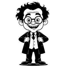 Cartoon scientist smiling with glasses and hands on hips  