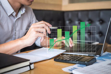 Businessman showing profit chart goals. Financial tax, inflation statistics, wealth management. Stock market, trading success. Business innovation, strategic planning. future investment