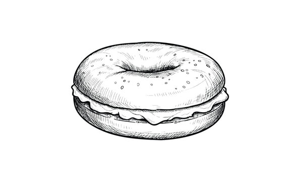 Detailed illustration of a classic bagel with cream cheese filling. Vector retro hand drawn illustration