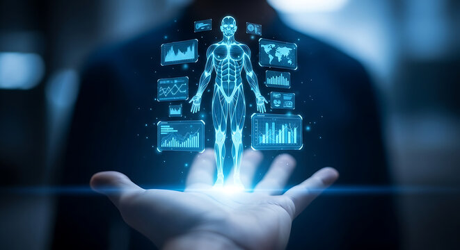 Digital human anatomy hologram projected from hand in medical research facility for advanced diagnostic analysis and healthcare innovation