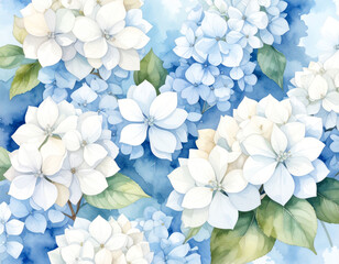 Watercolor illustration of hydrangea flowers in blue, purple, and pink shades. Soft pastel tones with green leaves on white background. Perfect for greeting cards, wedding designs, wall art