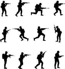 Soldier Silhouettes in Combat Poses vector bundle