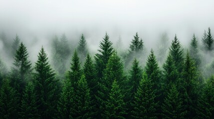 Fototapeta premium nature conservation concept. Misty forest with evergreen trees in a serene landscape.