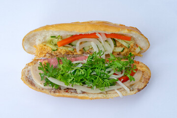 Vietnamese Banh mi. Close up of a banh mi sandwich with meat. Street food in vietnam. A delicious Vietnamese banh mi sandwich filled with marinated grilled beef cilantro carrots pickled vegetables.