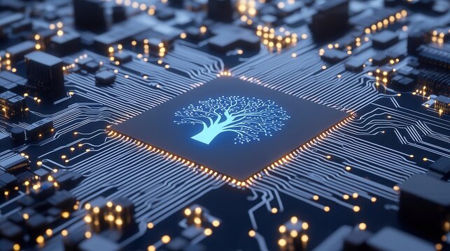 nature conservation concept. Futuristic circuit board with a tree design at the center.