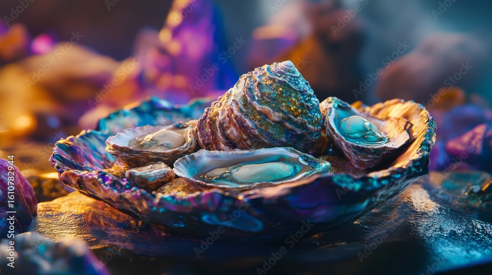Wall mural a vibrant and colorful oyster shell rests on a reflective surface. its intricate patterns and textur