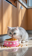 Cute kitten eating dry food from a pink bowl with heart patterns, sunny kitchen floor with soft shadows