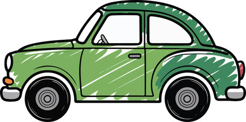 Fototapeta premium An old green car cartoon Crayon style transparent png vector