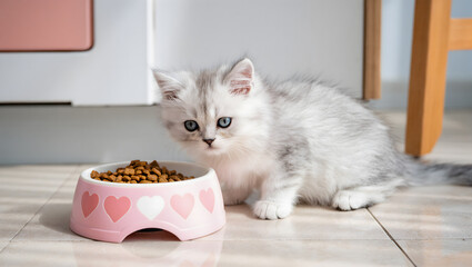 Cute kitten eating dry food from a pink bowl with heart patterns, sunny kitchen floor with soft shadows