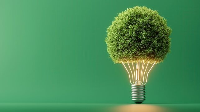 nature conservation concept. Light bulb shaped like a tree on a green background.