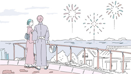 Scenic Illustration of a Yukata Couple Watching Fireworks over the Ocean from a Hilltop

