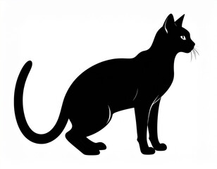Obraz premium Black Cat Silhouette Illustration on White Background: Minimalist Feline Shape in Elegant Sitting Pose, Perfect for Pet Design, Halloween Decor, or Animal-Themed Graphic Concepts