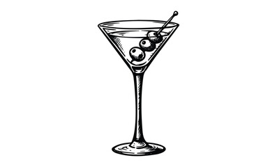 Vintage martini glass with olives on skewer sketch. Vector retro hand drawn illustration