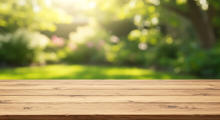 Fototapeta premium Product presentation ready: a clean wooden table with a vibrant, naturally lit, blurred garden beyond.
