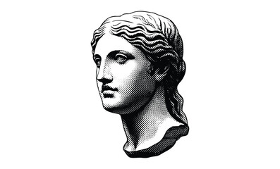 Engraved black and white classical greek bust of woman with serene expression. Vector retro hand drawn illustration