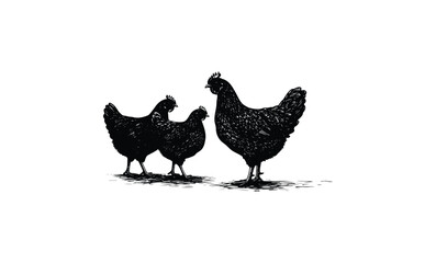 Fototapeta premium Silhouette of three chickens in a row. Vector retro hand drawn illustration