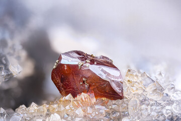 Red Sphalerite with pyrite, on clear quartz and fluorite. Specimen from Fontsante, France. Micro...