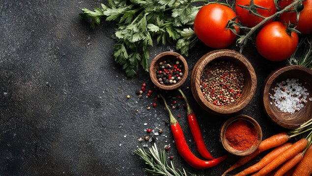 The flat lay composition of fresh vegetables and spices on the table includes tomatoes, carrots, coriander leaves, cumin seeds, and red peppers in small bowls. Top view. Background with copy space. 