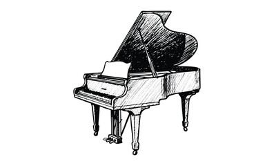 Hand-drawn grand piano sketch with detailed strings and pedals. Vector retro hand drawn illustration