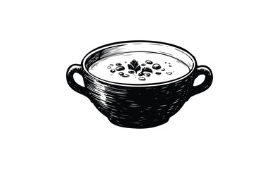 Rustic black and white soup bowl with handles and herb garnish. Vector retro hand drawn illustration
