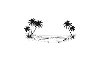 Tropical beach design with palm trees and ocean waves in black and white. Vector retro hand drawn illustration