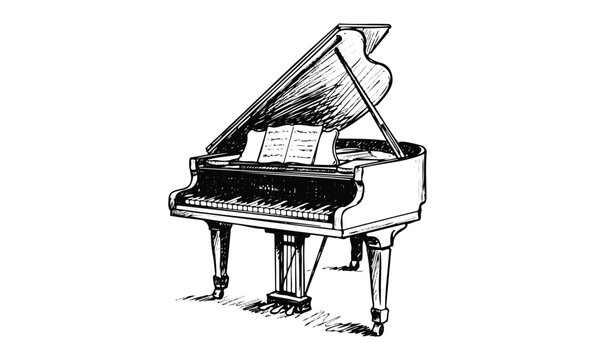 Vintage black and white sketch of a grand piano with open sheet music. Vector retro hand drawn illustration - Powered by Adobe