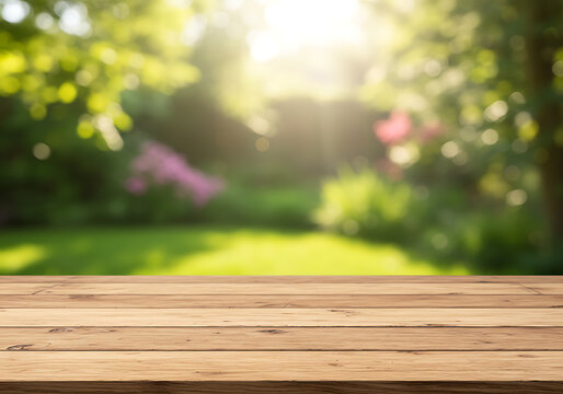 Serene outdoor setting with a prominent wooden surface and a beautifully blurred green and floral backdrop.

