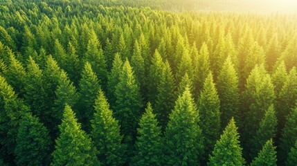 Obraz premium nature conservation concept. Lush evergreen trees in a sunlit forest landscape.