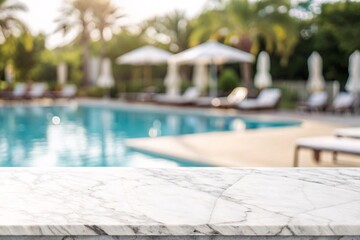 White marble table top with a blurred background of a luxurious swimming pool, lounge chairs, and palm trees at a sunny resort.