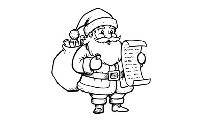 Jolly santa claus reading list with gift bag and quill in hand. Vector retro hand drawn illustration