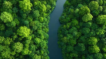 Naklejka premium nature conservation concept. Aerial view of a lush green forest with a winding river.