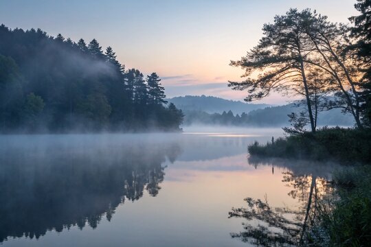Tranquil morning view of a misty lake reflecting the dawn sky and silhouetted pine forest.