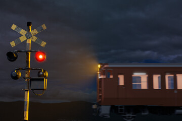 夜の警報器が光る踏切りを通過してゆく列車のイメージ
