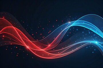 Dynamic data visualization with flowing red and blue light waves. Abstract technology background with glowing particles and energy streams.