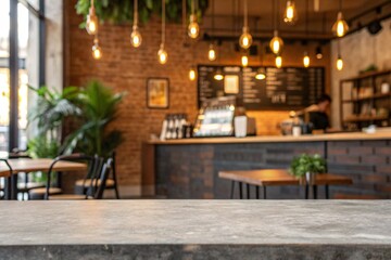 Empty stone table top with a blurred coffee shop or cafe restaurant background for product placement or montage.