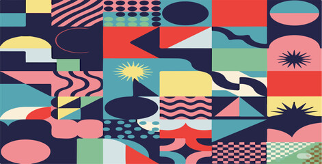 Fototapeta premium A vibrant geometric collage featuring diverse shapes and bold color palette arrangement art