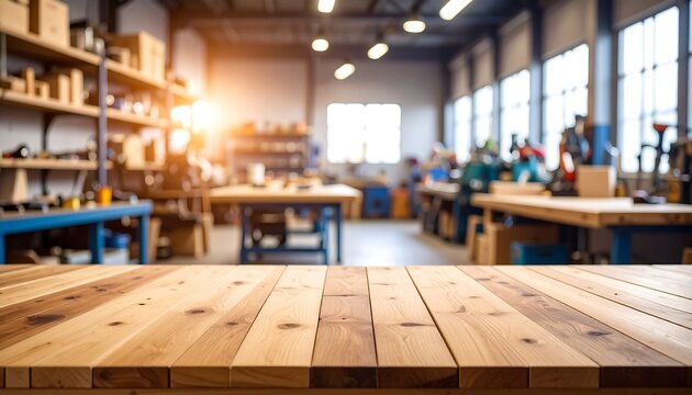A clean, light-brown wood surface in front of a blurred workshop background