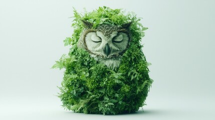 nature conservation concept. Owl sculpture made of green foliage and moss.