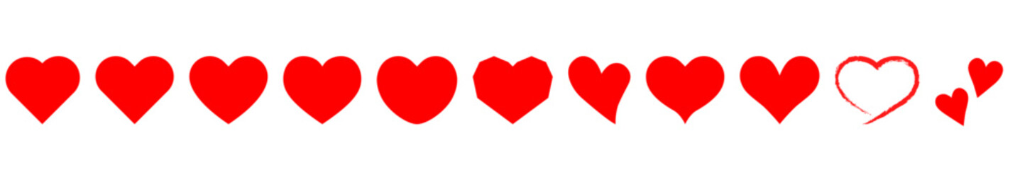 さまざまな赤いハートが並ぶベクター素材｜ハート、赤、シンボル、ベクター