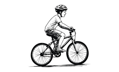 Obraz premium Young caucasian male child riding bicycle with helmet in black and white sketch. Vector retro hand drawn illustration