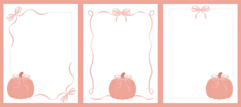 A set of elegant pink frames with a pumpkin and a bow with ribbons for decorating cards, invitationsA set of elegant pink frames with a pumpkin and a bow with ribbons for decorating cards, invitations