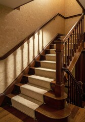 Obraz premium spiral staircase in the old house, Elegant wooden staircase featuring plush carpet runner with subtle grey pattern. Interior design element combines classic style with modern comfort, safety. Rich woo