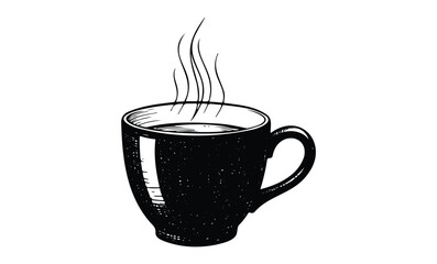 Vintage-style black and white illustration of a steaming coffee mug. Vector retro hand drawn illustration