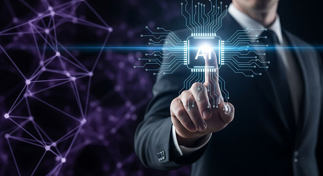 Businessman interacting with artificial intelligence interface in a digital corporate environment for advanced data processing and automation