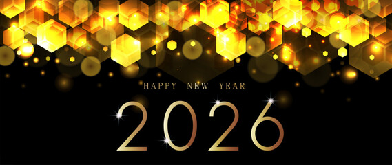 2026 new year elegant gold hexagon with lighting effect sparkle on black background. Template premium award design. Vector illustration