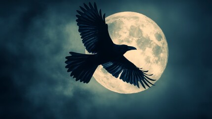 Obraz premium Silhouette of a crow in flight against a full moon and night sky.