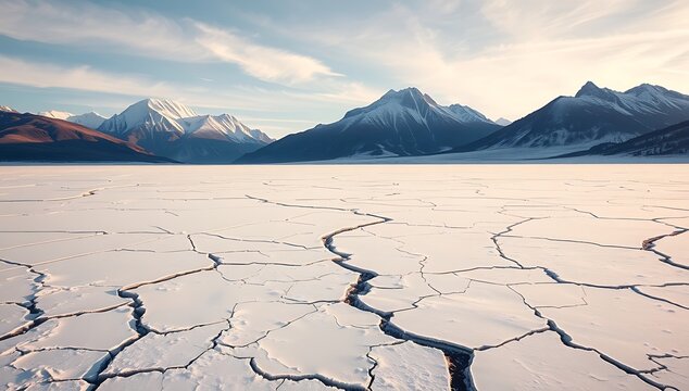 Cracked ice surface stretches towards snow capped mountains under a bright cloudy sky in winter time - Powered by Adobe