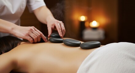 Obraz premium Masseuses hands apply hot stones to a persons bare back in a dimly lit warmtoned spa setting