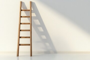 Wooden ladder casting shadow on white wall indoors