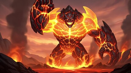 A fiery, colossal lava golem emerges from volcanic terrain. - Powered by Adobe